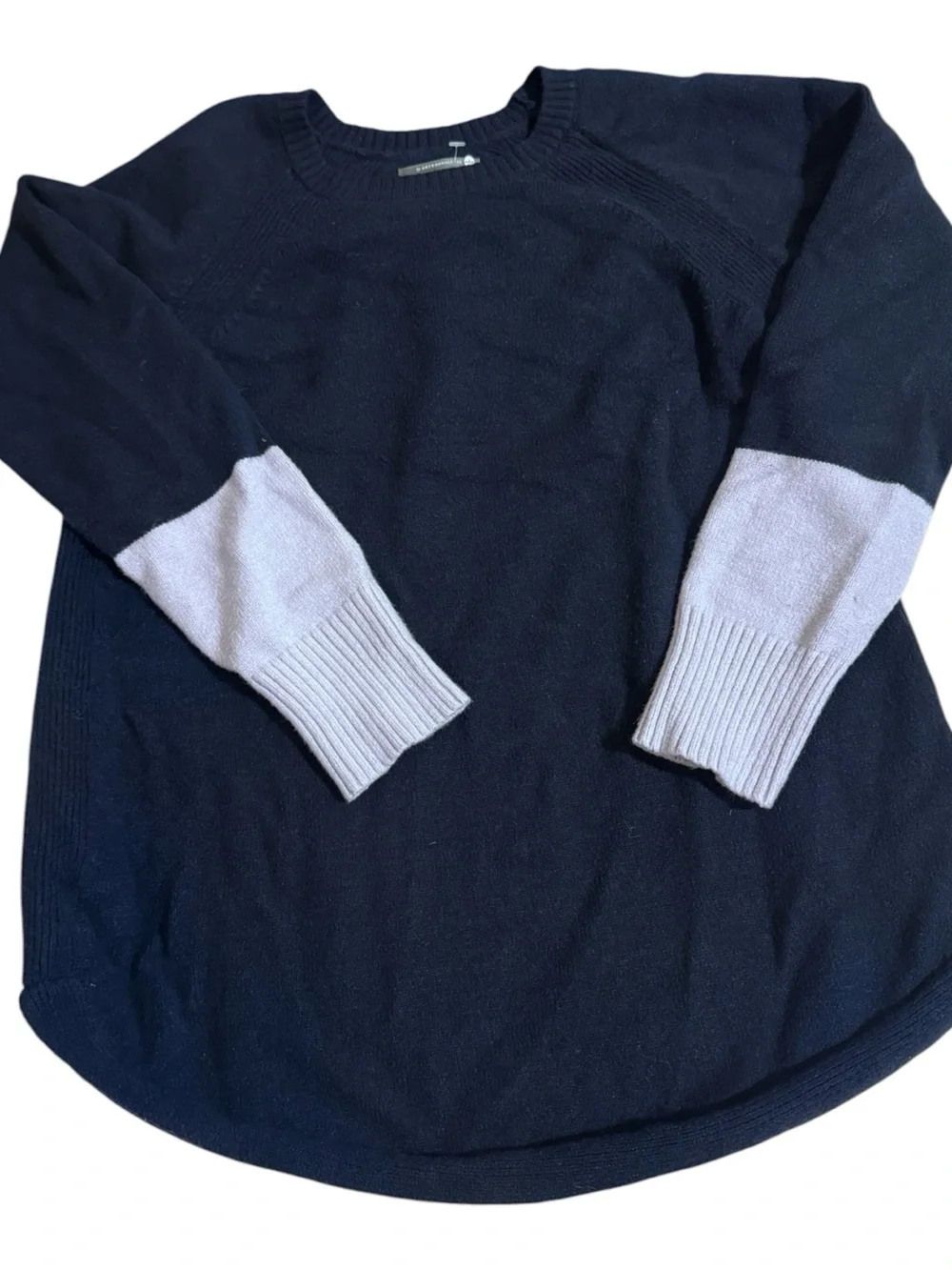 Anthropologie Navy Crewneck Sweater with Lavender Sleeve Accents